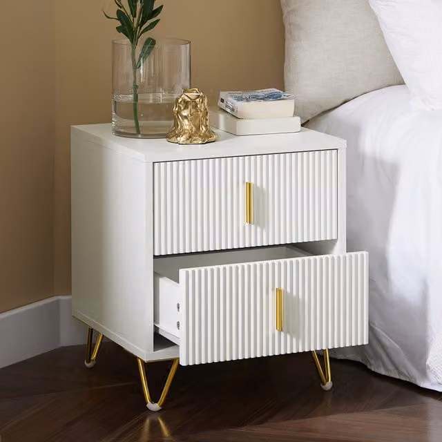 SoBuy Set of 2 White Bedside Tables with 2 Drawers and Gold Metal Legs
