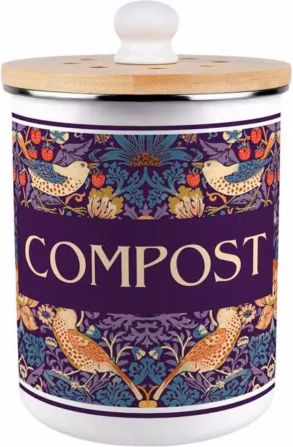Purely Home Strawberry Thief Metal Compost Caddy with Flip Lid, 2L, Purple