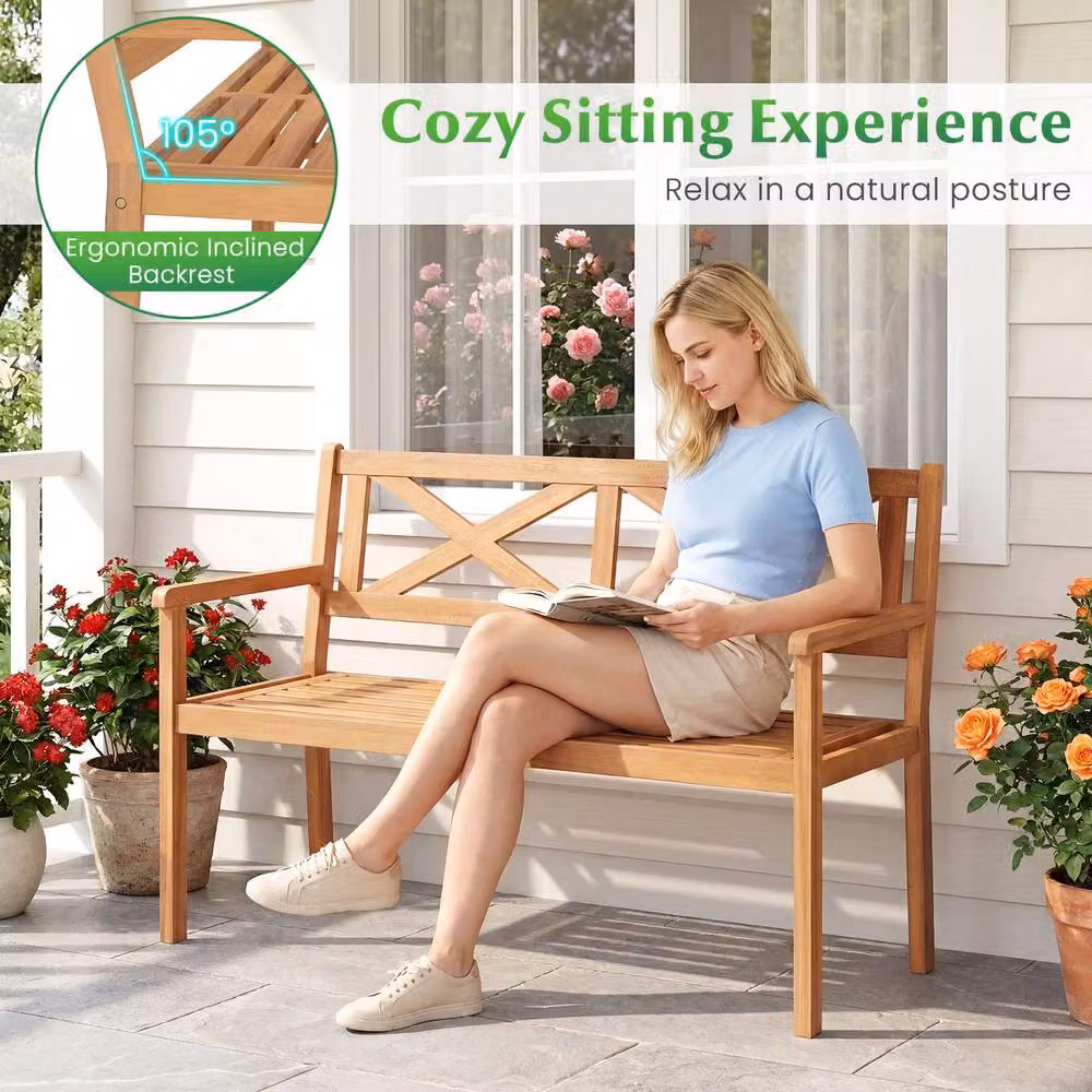 Costway Acacia Wood Outdoor Loveseat Bench for 2 People in Brown – 6