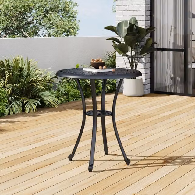 Breeins Matt Black Vintage Floral Cast Aluminium Round Outdoor Garden Table