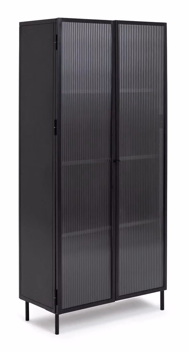 Cheap Furniture Warehouse Morillo Industrial 2 Door Glass Display Cabinet in Black with Metal Frame and Internal Shelves, H 155.0 x W 70.0 x D 35.5 cm