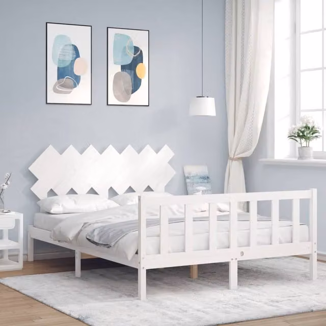 Berkfield Home White Solid Pine Bed Frame with Headboard W/D/H: 140 x 190 cm – 1