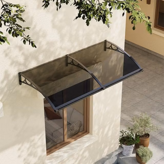 Livingandhome Black Aluminium Door Canopy with Transparent Polycarbonate Window Awning, Width: 200 cm