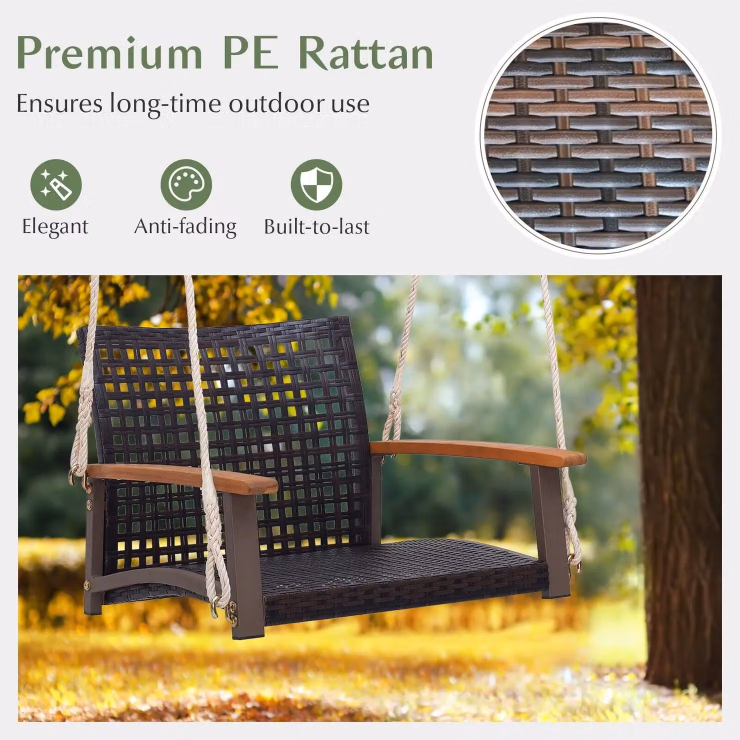 Costway Brown Rattan Single Hanging Porch Swing for Outdoor Garden and Terrace – 6