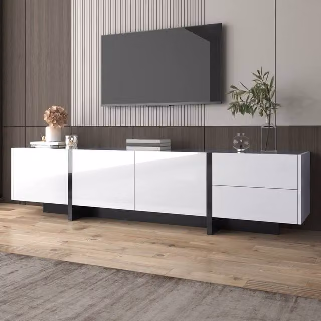 Merax Modern Glossy TV Unit with 3 Doors and 2 Drawers in White or Black, W: 190 cm, H: 45 cm, D: 35 cm – 1