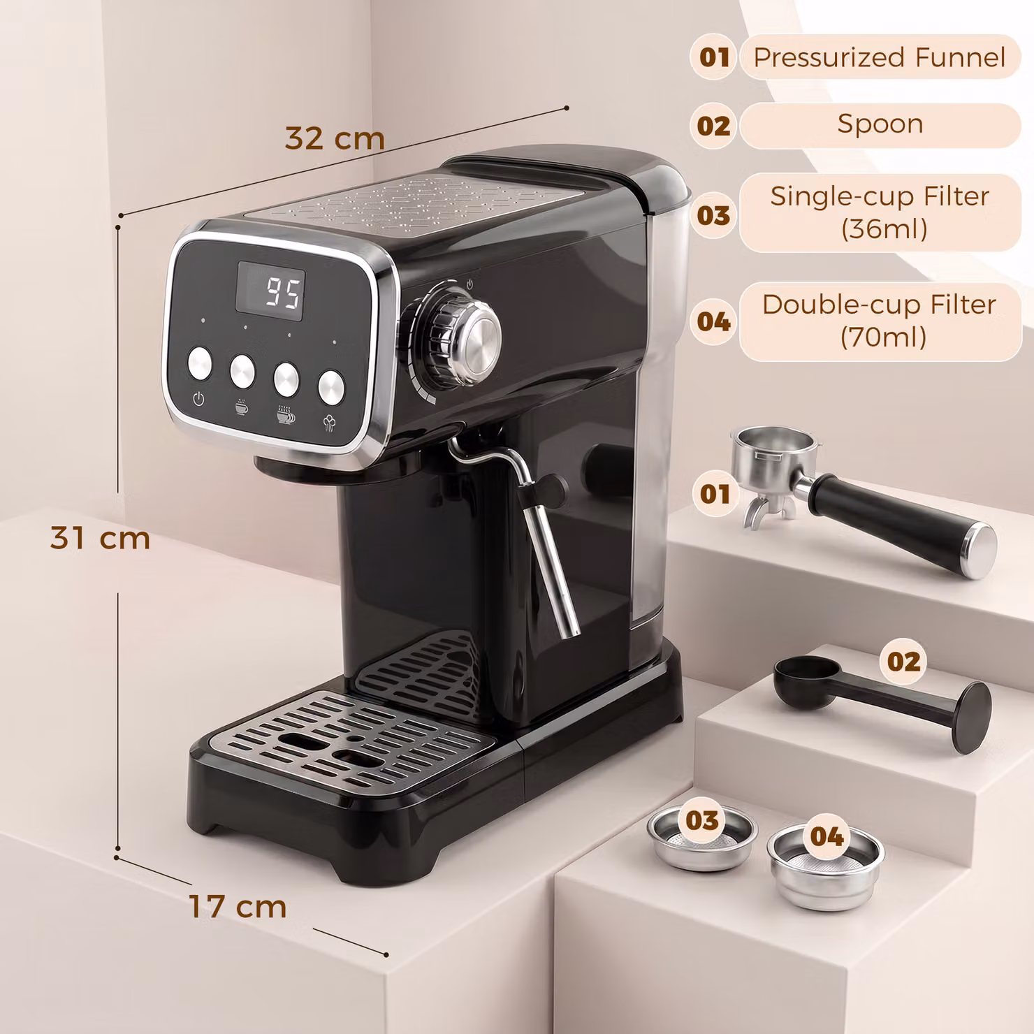HOMCOM 20-Bar Espresso Machine with Steam Wand and 1.2 l Water Tank, Black – 3