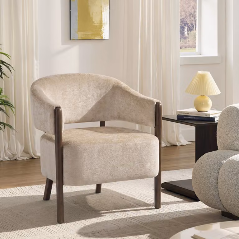 HOMCOM Beige Chenille Upholstered Tub Accent Chair with Solid Wood Frame and Armrests