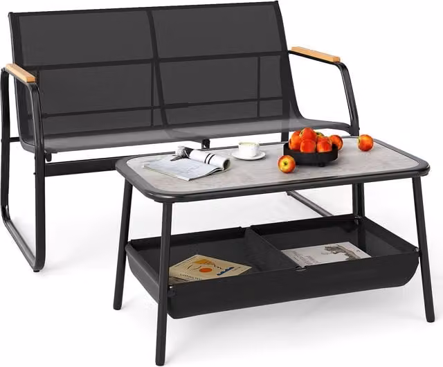 Gymax 2-Piece Outdoor Loveseat and Coffee Table Set in Black with Storage Armrests and Cushions