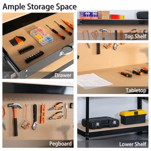 SwitZer Black Steel Garage Workbench with Drawers, Pegboard and Shelf – 3