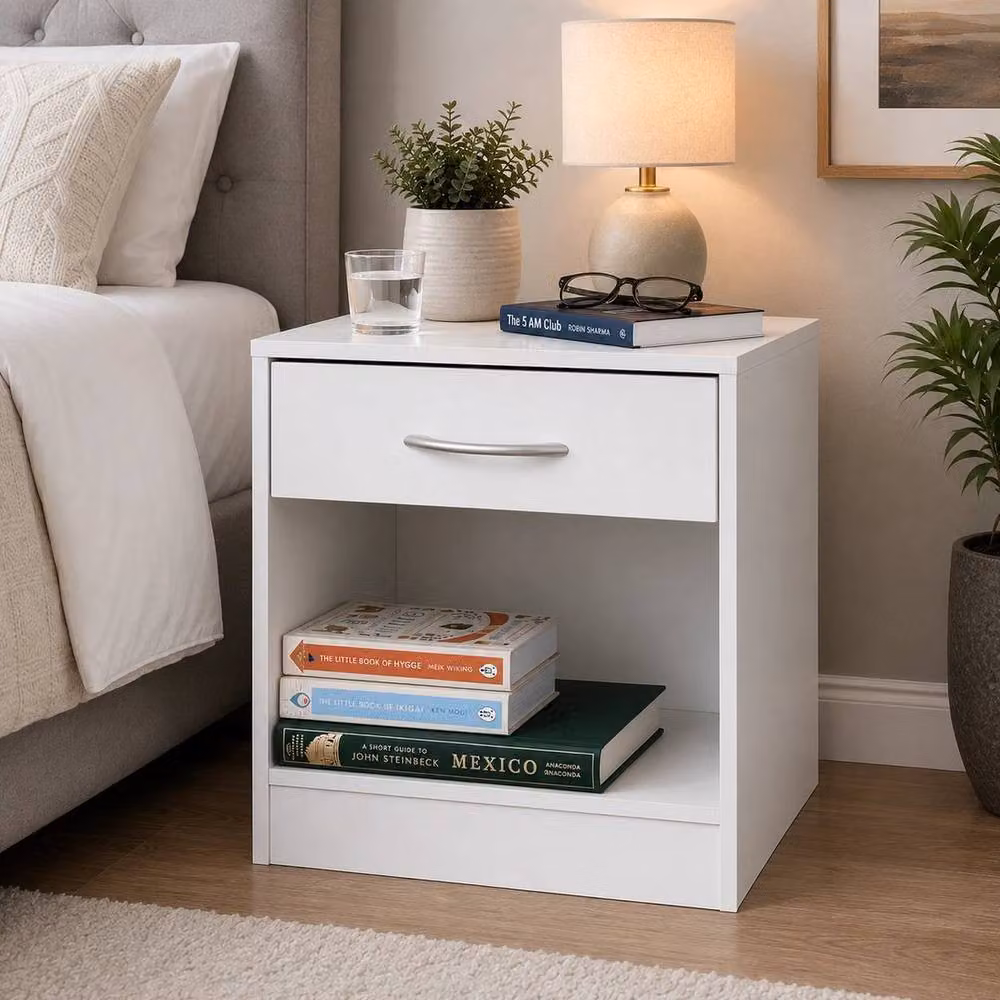 Kelvenix Modern White Wooden 1 Drawer Bedside Table – 2