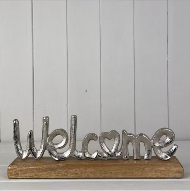 KDMD Silver Metal Welcome Tabletop Decoration on a Rustic Wooden Base