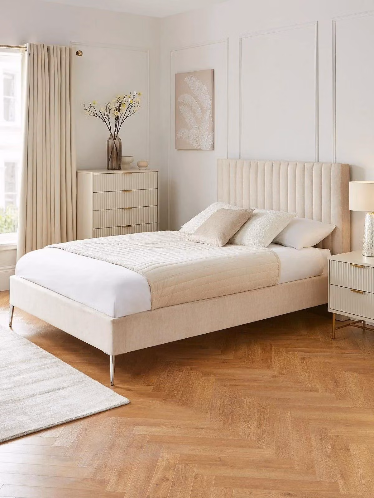 Emelia Modern Upholstered Double Bed Frame in Beige Fabric, W/D/H: 140 x 200 cm