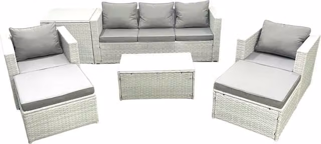 Fimous 7 Seater Rattan Garden Furniture Set in Light Grey with 3 Seater Sofa, 2 Chairs, Rectangular Coffee Table, 2 Footstools and Side Table