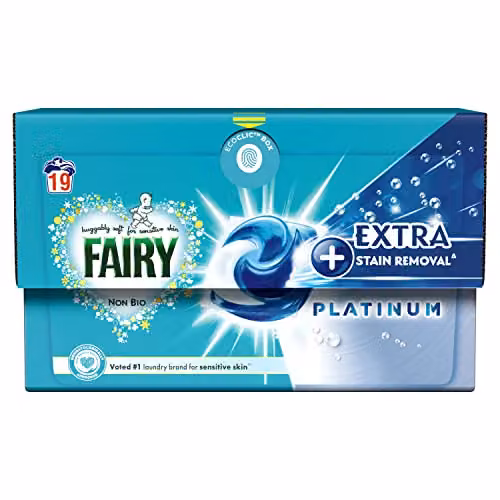 Fairy Non Bio Platinum Laundry Capsules with Extra Stain Removal for Sensitive Skin, 19 Washes, Blue – 1