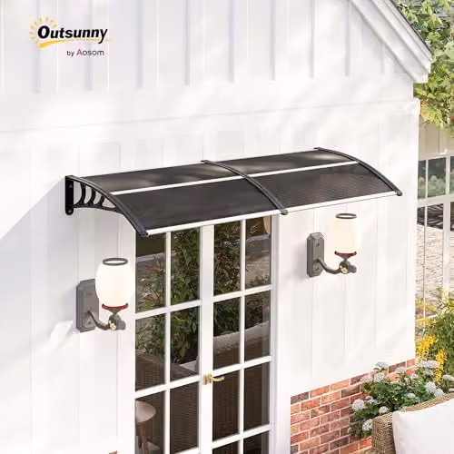 Outsunny Wall-Mounted Door Canopy Awning in Black and Transparent with Polycarbonate and Aluminium Construction, W: 75 cm, D: 23 cm, H: 75 cm – 3
