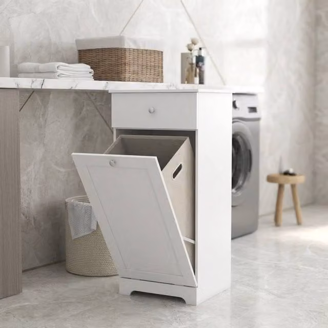 STILVORA Modern White Laundry Cabinet with Internal Drawers and Hinged Doors H 90.5 x W 52 x D 32 cm