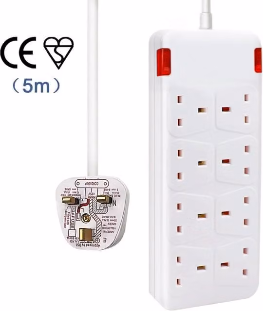 Livingandhome 8 Way Socket with 5m Cable, Indicator Light and Child-Resistant Sockets, White