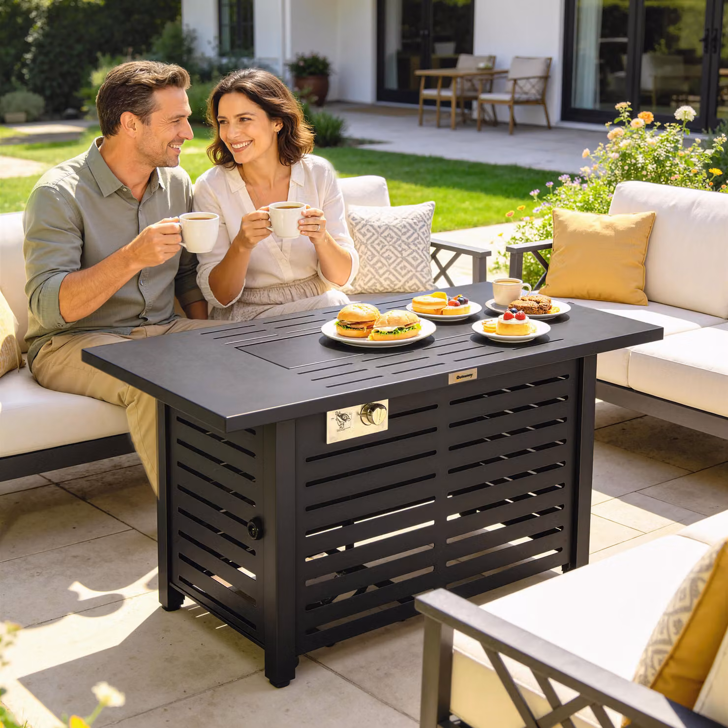 Outsunny Propane Gas Fire Pit Table in Black with 43 inch Steel Tabletop, 50,000 BTU Pulse Ignition, Stainless Steel Burner, Glass Wind Guard and Cover – 6