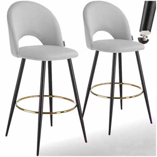 tectake Set of 2 Rachel Bar Stools with Velvet-Look Fabric and Steel Legs in Grey and Black – 1