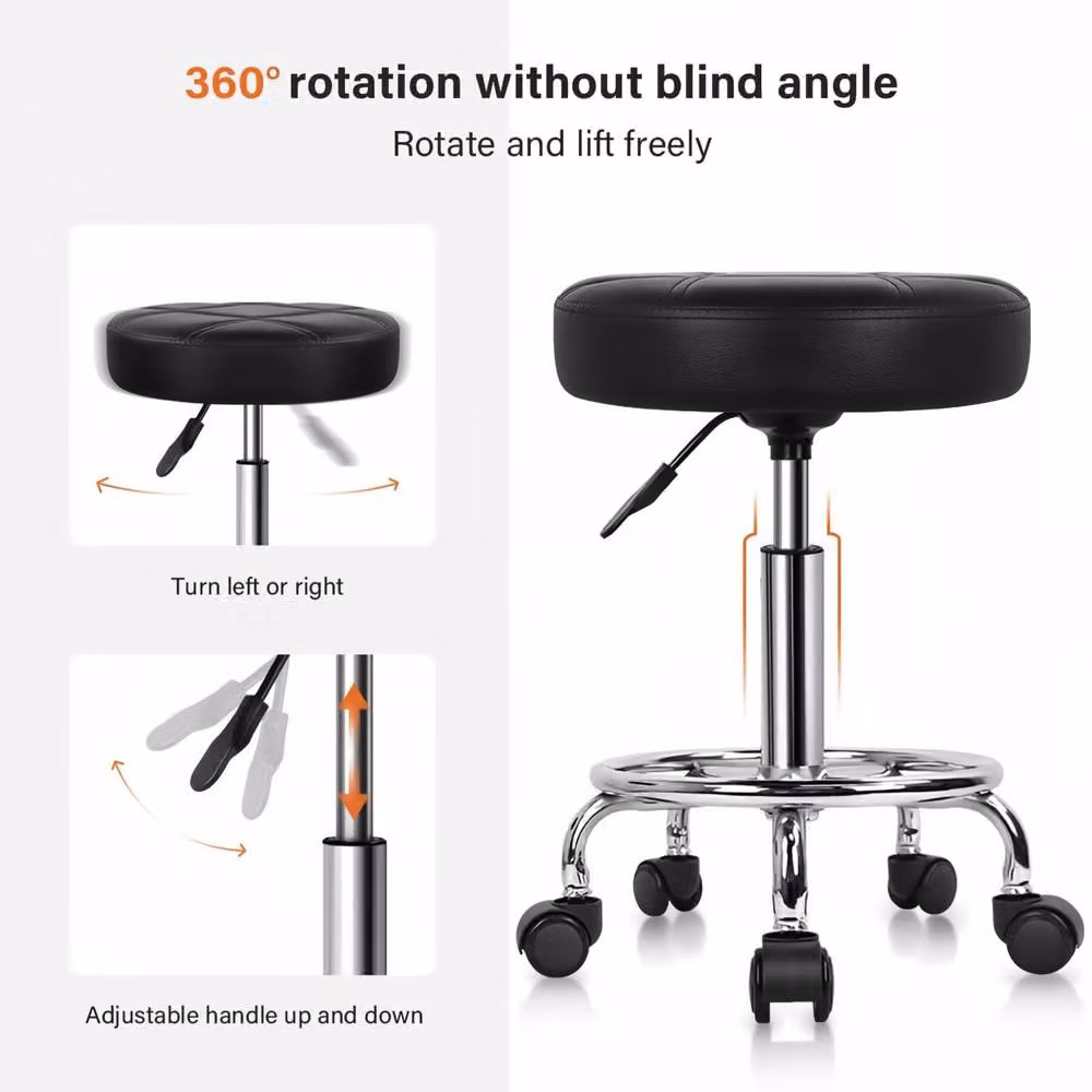 KKTONER Stylish Round Rolling Stool in Black PU Leather with Height Adjustment – 5