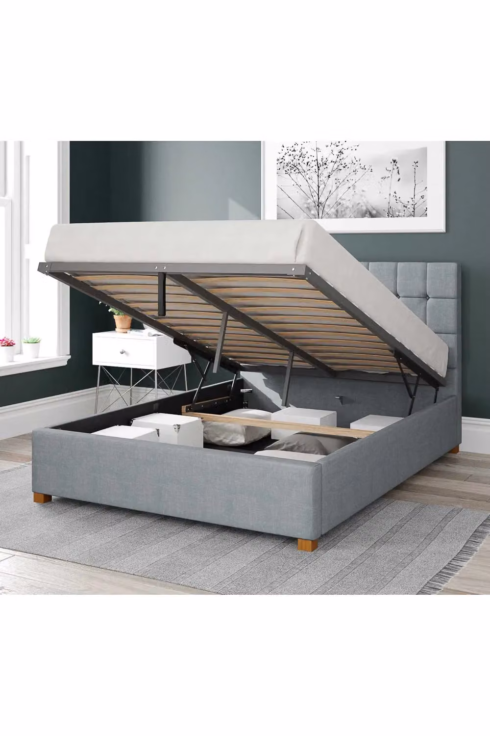 Aspire Sinatra Upholstered Ottoman Storage Bed in Blue Fabric, W/D/H: 140 x 200 cm – 2