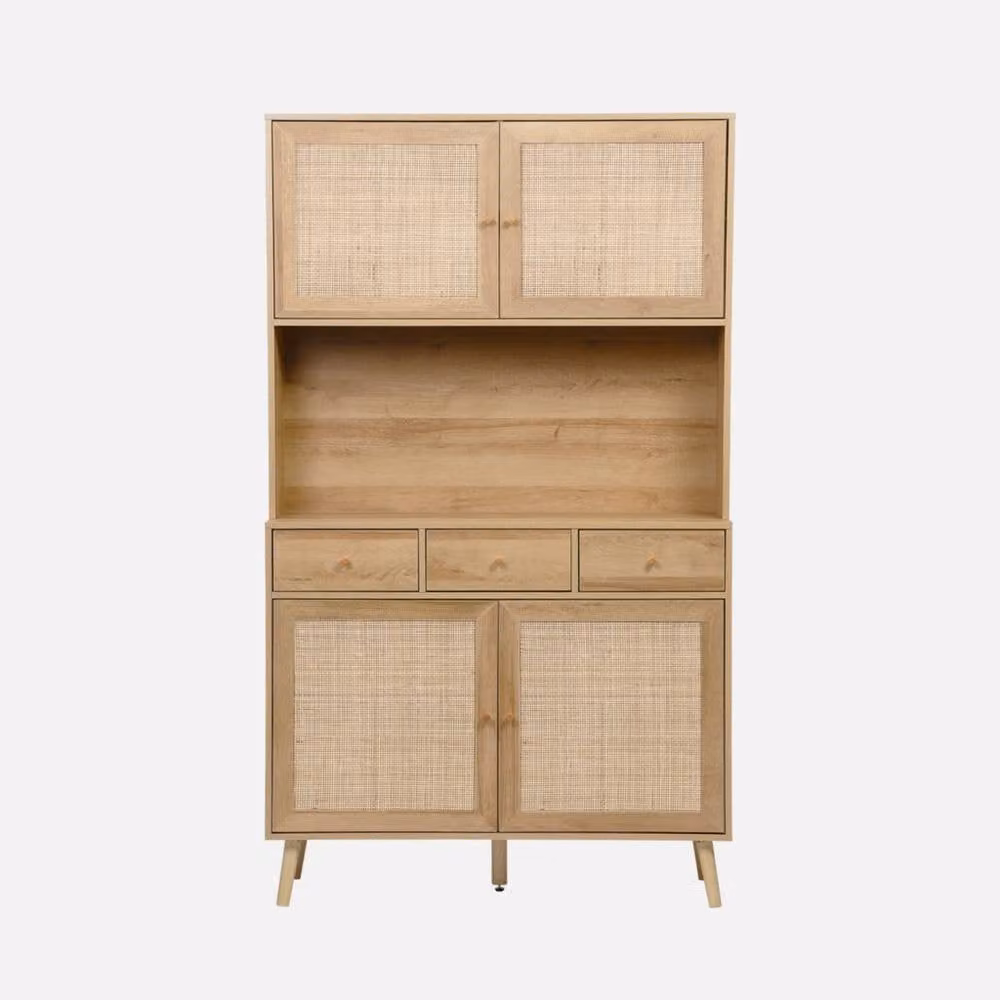 sweeek Wood and Cane Buffet with 4 Doors and 3 Drawers, Light Brown, W: 110 cm, D: 40 cm, H: 185 cm – 2