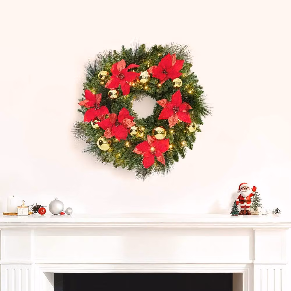 London Boutique Pre-Lit Christmas Wreath with LED Lights in Green, Diameter: 60.96 cm – 7