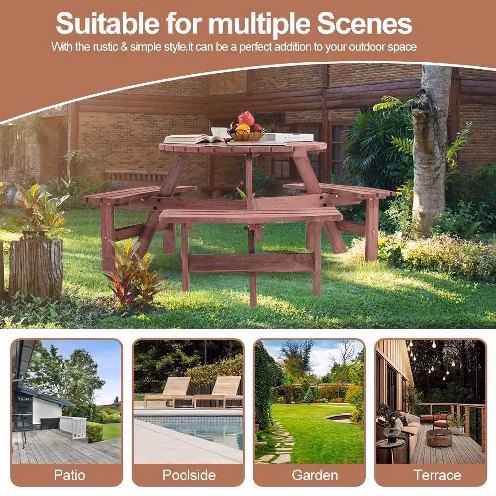 Kelvenix 6 Seater Classic Wooden Round Picnic Table and Bench Set in Brown – 4