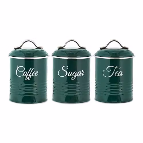 Innoteck Tea, Coffee and Sugar Canister Set of 3, Green Metal Food Storage Tins with Airtight Lids, 1.3 l Capacity – 1