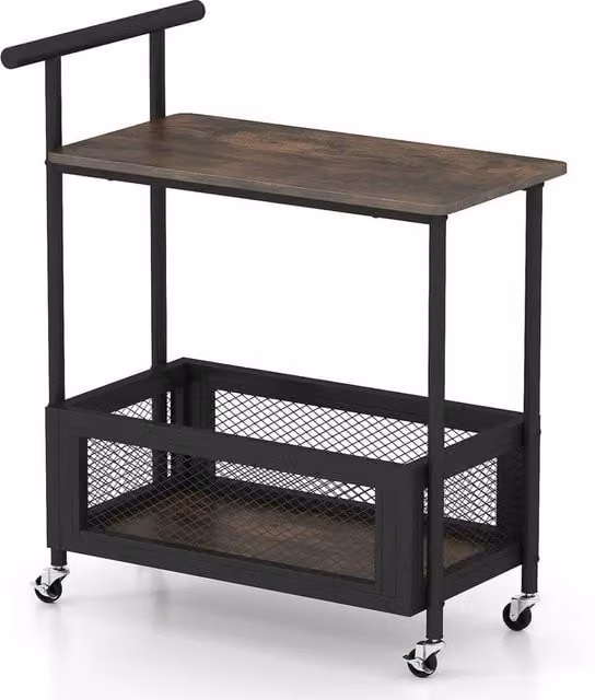 KORVIXA 2-Tier Industrial Metal Sofa Side Table with Open Shelf and Mesh Basket, Black, W/D/H: 100 x 100 x 72 cm – 1