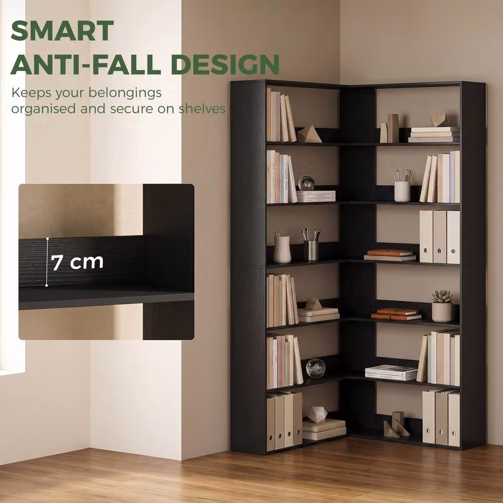 HOMCOM 7-Tier L-Shaped Corner Bookshelf in Black Wood Effect, W/D/H: 90 x 90 x 180 cm – 5