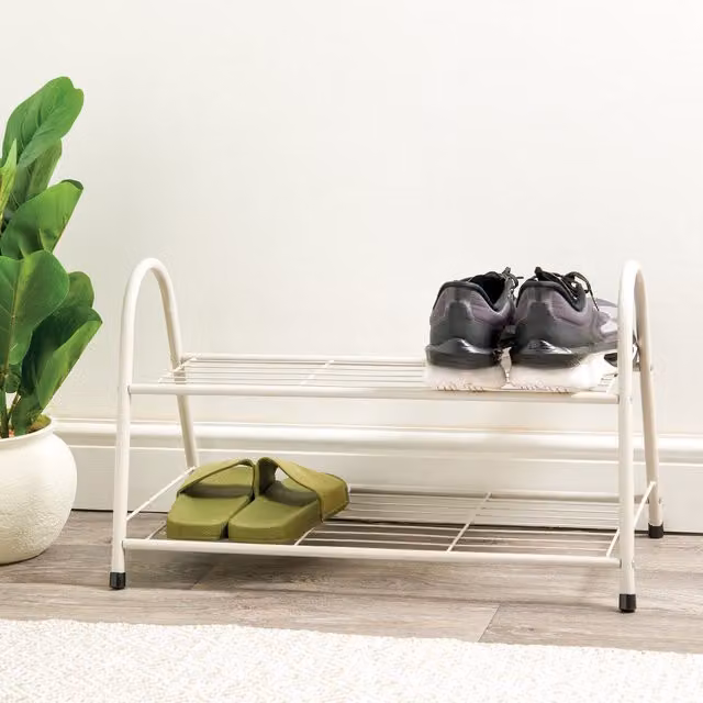 Living Solutions Modern 2 Tier Metal Shoe Rack in White