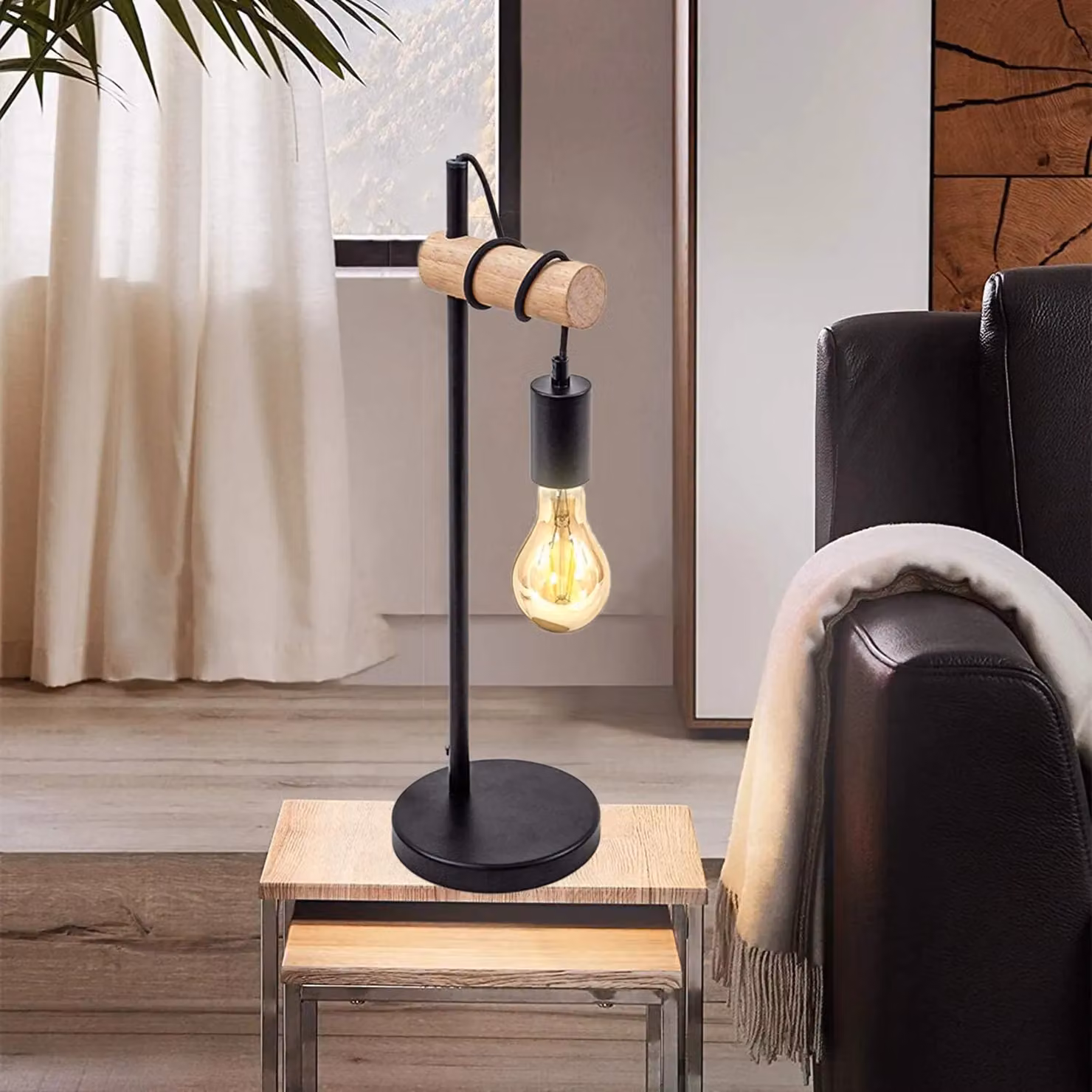 Pheashine Industrial Wood and Metal Table Lamp in Black with E27 Socket – 3