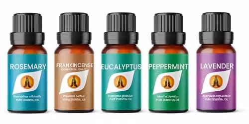 Aroma Energy Essential Oil Set for Diffuser, 5 x 10ml: Eucalyptus, Rosemary, Lavender, Peppermint and Frankincense for Aromatherapy and Candle Making