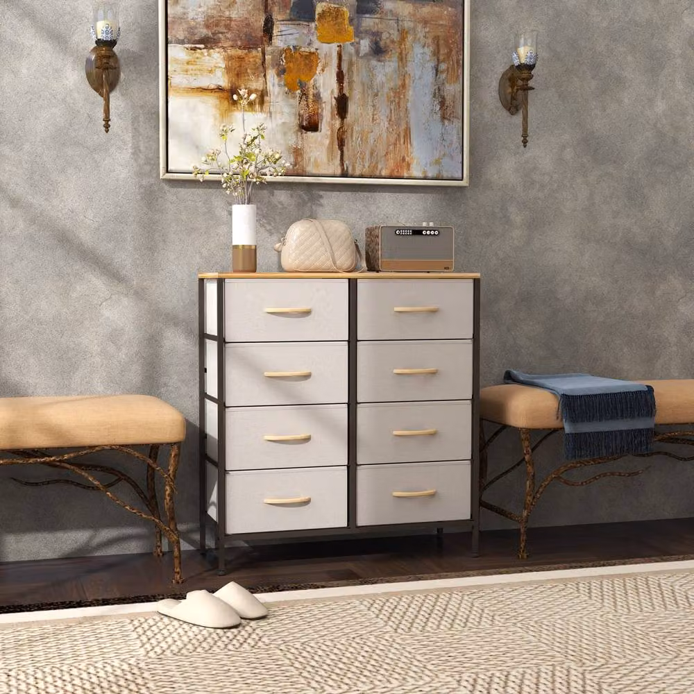Wyld Haus Neyo 8 Drawer Dresser in Cream White Fabric with Maple Wood Effect Top, H 81.5 x W 80.0 x D 30.0 cm – 3
