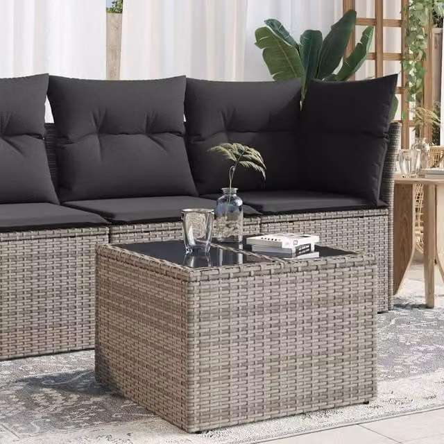 Berkfield Home Grey Poly Rattan Garden Table with Glass Top, W/D/H: 55 x 55 x 37 cm – 1
