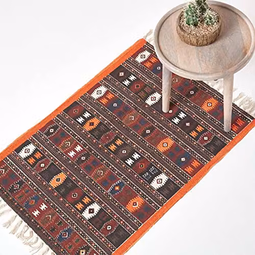 Homescapes Multicolour Cotton Kilim Printed Rug, W/D: 90 x 60 cm