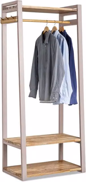 Florence Open Wardrobe with Shelves, Rail and Hooks in Truffle Acacia Wood, H: 188 cm, W: 80 cm, D: 38 cm