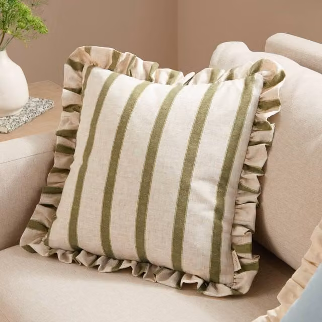 Wylder Connie Square Striped Ruffle Linen Cushion in Green, W/D/H: 45 x 45 x 45 cm – 1