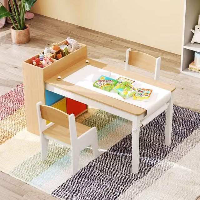 Costway Multicolour Wooden Kids Craft Study Desk with Shelves and Chair