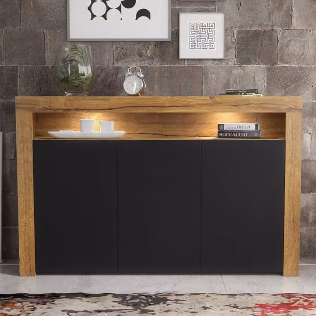 Mex Furniture LTD Aether Sideboard in Dark Oak and Black Matt with Integrated LED Lighting, W: 155 cm, H: 92 cm, D: 40 cm – 1