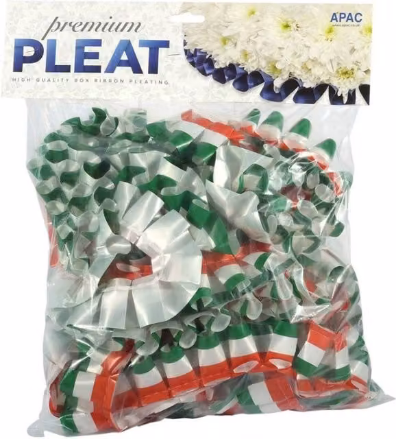 KDMD Premium Tri-Colour Pleat Ribbon, Green, White and Orange, 50mm x 10m