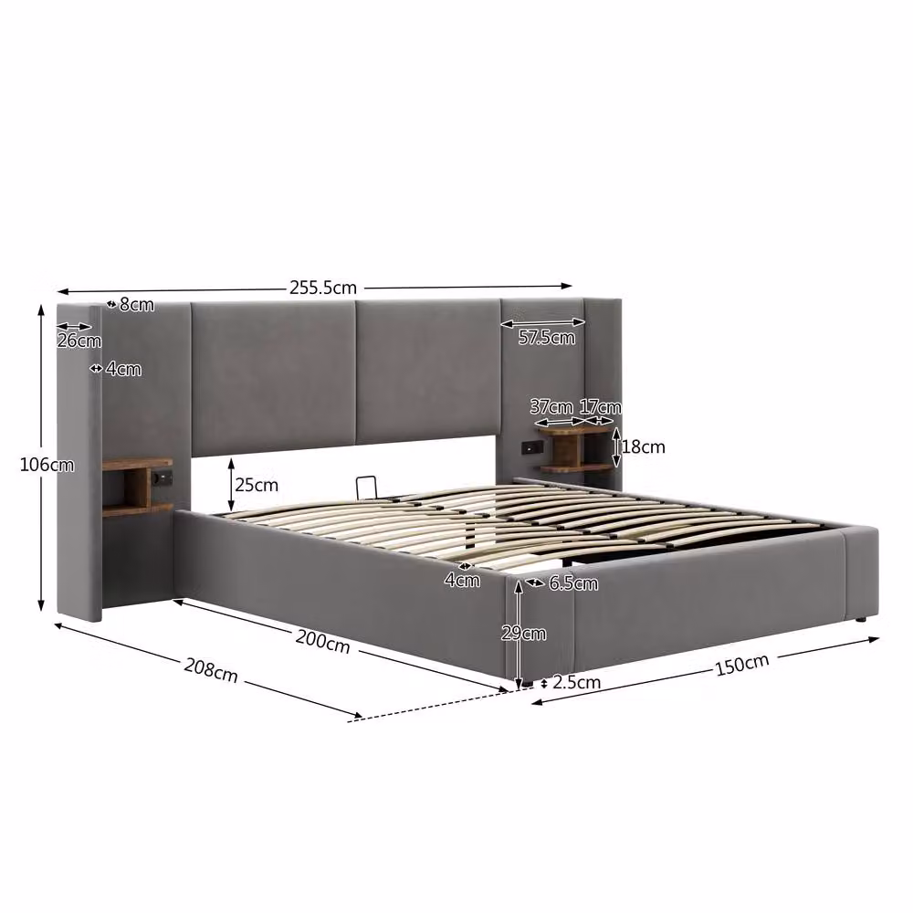 Rolipo Grey Velvet Ottoman King Size Bed Frame with Bedside Tables and USB Charging Ports – 5