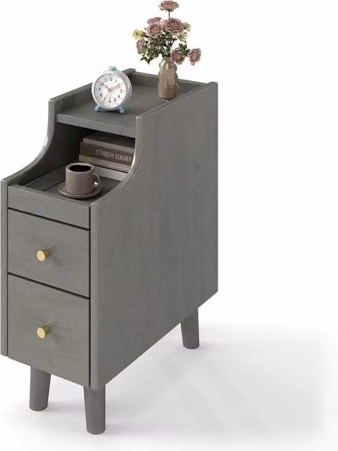 COSTWAY Modern Rectangular Rubberwood Nightstand and End Table in Grey and Gold