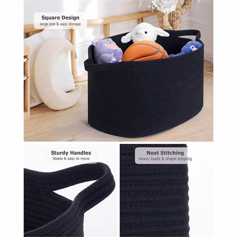 Nordara Large Woven Cotton Rope Laundry Basket with Handles, Black, H 55.0 cm x W 38.0 cm x D 30.0 cm – 2