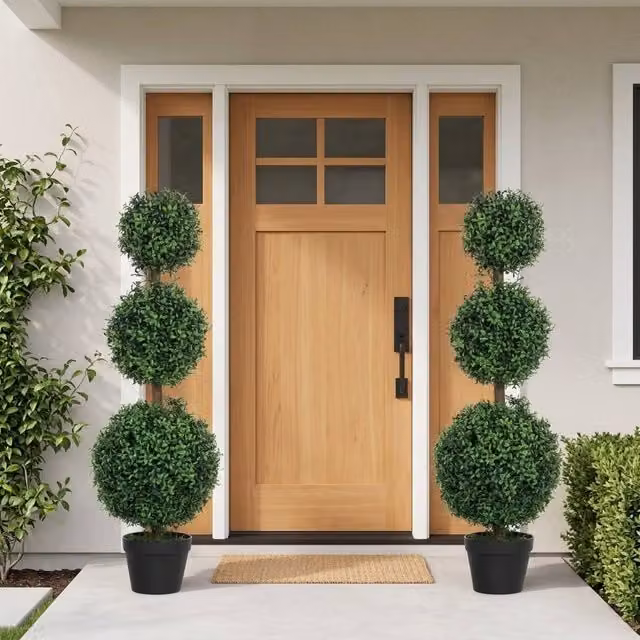 STILVORA Set of 2 Green Artificial Boxwood Trees in Round Concrete Pots, Height: 100 cm – 1