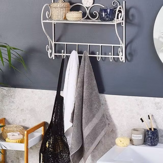 Wyld and Coco Heritage Home Distressed White Iron Wall Shelf with 5 Hooks, W/H: 42 x 47 cm – 1