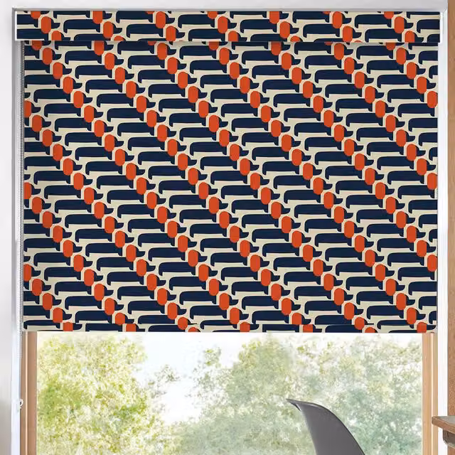 Orla Kiely Dog Show Translucent Made to Measure Roller Blind in Blue and Multicolour Whale Design