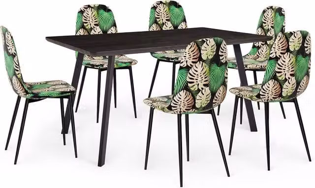 VonHaus Modern Rectangular Dining Table and 6 Palm Print Floral Chairs Set in Brown and Black