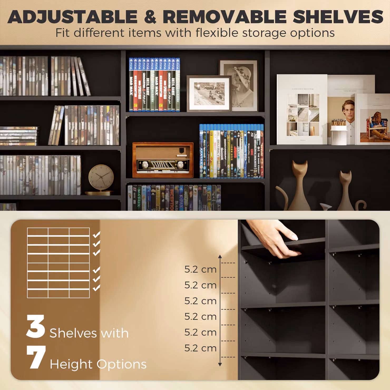 HOMCOM Black Media Storage Unit with 24 Compartments and 18 Adjustable Shelves for CD, DVD and Blu-ray Storage, H 145.0 cm x W 126.3 cm – 5